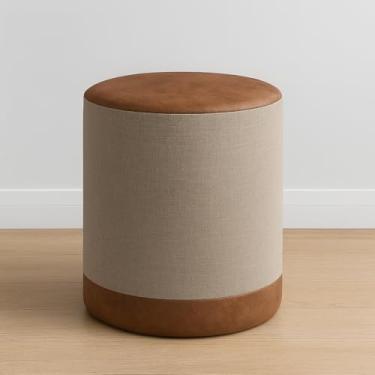 Imagem de Puff Redondo Banqueta Mini Sofá Amaterasu Couro Sintético e Linho Bege/Caramelo para Sala ou Quarto