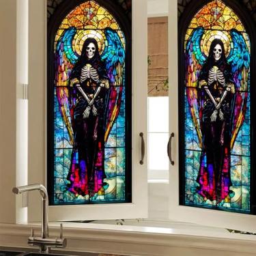 Imagem de HOMETITUTE Película decorativa para janela de auréola de caveira de anjo gótico para portas de vidro e janelas, painel de PVC esqueleto de Halloween, 40,6 x 99 cm, decoração interna de casa de banho e