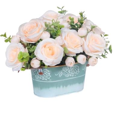Imagem de Arranjo de flores de rosas artificiais para mesa de centro de mesa, flores de seda champanhe de fazenda com eucalipto em metal galvanizado rústico, peça central floral sintética para mesa de jantar
