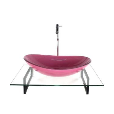 Imagem de Kit Cuba Vidro Oval Rosa Tampo 60Cm Incolor E Suporte
