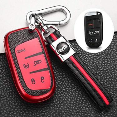 Imagem de ontto Capa de chave de 5 botões para Jeep Key Fob Case TPU padrão de couro para Chrysler 300 200 Dodge Charger para Jeep Grand Cherokee Renegade Vermelho