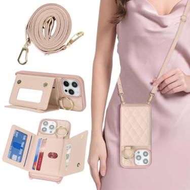 Imagem de DEYHU Capa de telefone para iPhone 13 Pro Max com suporte para cartão e alça para mulheres, bolsa transversal com suporte de anel, maquiagem espelhada, carteira para Apple13promax - ouro rosa