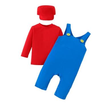 Imagem de Conjunto de camiseta de manga comprida para bebês meninos e meninas, conjunto de calça com chapéu, roupas de outono e inverno (vermelho - azul, 2-3 anos)