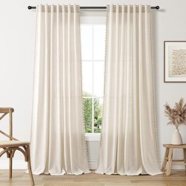 Imagem de Cortinas boho extralongas de 272 cm de comprimento, bolso para varão de linho e aba traseira filtrada e respirável semitransparente, cortina boêmia de borla para sala de estar, 132 x 278, 2 painéis