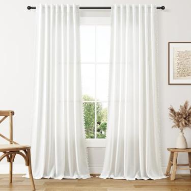 Imagem de Cortinas Boho extralongas de 300 cm de comprimento, bolso para varão branco e aba traseira filtrada e respirável, cortinas semitransparentes, boêmia fazenda decer cortina de borla para sala de estar