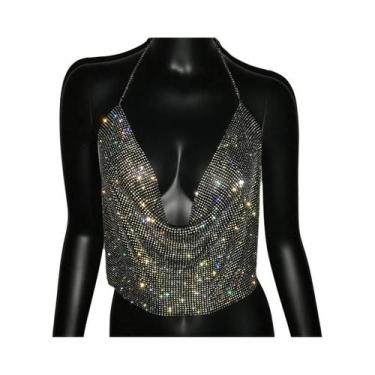 Imagem de Top Cropped Feminino Sem Costas Com Strass Brilhante Decote Em V Para 