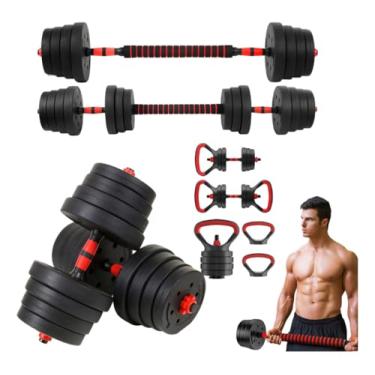 Imagem de Conjunto de halteres e barra 15 kg | Kit para treinar em casa | Barras ajustáveis | Anilhas ajustáveis | Kit musculação completo | Academia em casa | Fitness | Halteres + Barra até 15 kg compacto | Home Gym.