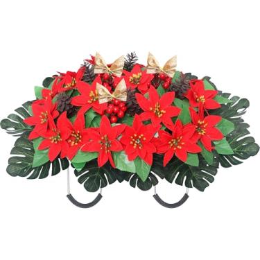 Imagem de IDMOP Sela de flor de lápide de Natal feita à mão poinsétias pinhas, laço de veludo, flores de memorial de cemitério para decorações de lápide ao ar livre (vermelho)