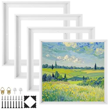 Imagem de LDXDRU Moldura flutuante de lona de 4 peças, molduras flutuantes de 30,5 x 30,5 cm para pinturas em tela, kit de moldura flutuante para pintura a óleo de parede, decoração de sala de estar (branca)