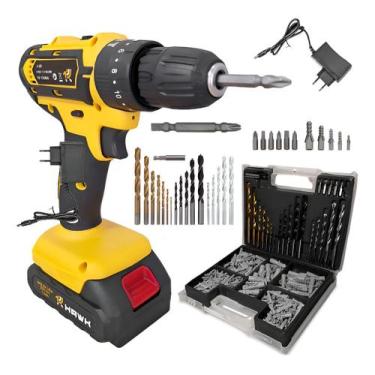 Imagem de Furadeira e Parafusadeira Hawk 20V Bivolt com 300 Peças, Amarelo, 20V
