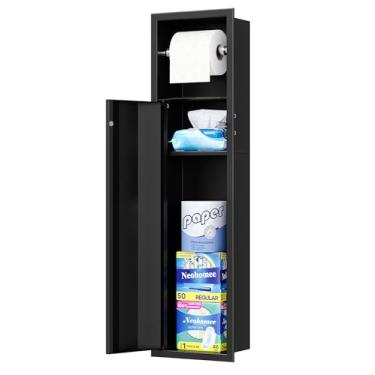 Imagem de Neodrain Suporte de papel higiênico embutido, suporte de lenços preto fosco com porta tripla curva, armário de armazenamento de banheiro de aço inoxidável 304 para rolos de lenços, profundidade