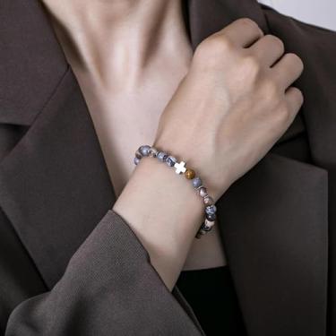 Imagem de Pulseira de contas feita à mão para homens e mulheres, cordão elástico com pedra natural e contas de destaque, joia de pulso ajustável, 7.68Inches, Ágata, Sem Pedra Preciosa