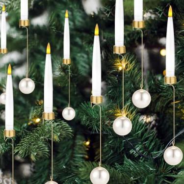 Imagem de Baquler 24 peças de velas de árvore de Natal com controle remoto, castiçais de LED sem chama, velas cintilantes com ganchos de bola de pérola, para Natal, casa, casamento, inverno, ano novo, enfeites
