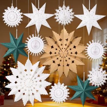 Imagem de Glooglitter 12 peças de lanternas de papel estrela de papel 3D lanternas de floco de neve brancas enfeites de lâmpada pendurada para árvore de Natal Ano Novo decorações de festa de feriado (branco