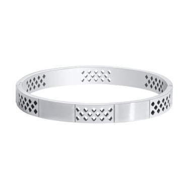 Imagem de Rockyu Pulseira masculina de aço inoxidável com acabamento espelhado, padrão rômbico, aberta, preta, dourada, prata, acessório elegante, presente, aniversário, Natal, ミディアム, Aço inoxidável, Sem Pedra