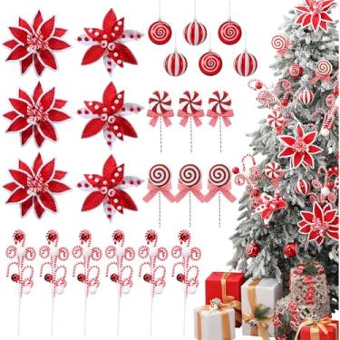 Imagem de Soulchen Conjunto de 24 peças de enfeites de decoração de árvore de Natal, 6 sinos de lã, pirulito em forma de bengala doce, 6 flores de poinsétias, 6 pirulitos vermelhos e brancos de menta para