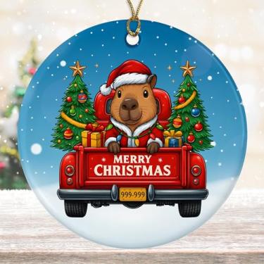 Imagem de DamienBrightGift Enfeite de Natal de Papai Noel Capivara - Caminhão vermelho de cerâmica com decoração de árvore - Presente de lembrança de feriado de animal engraçado - Linda decoração de Natal para