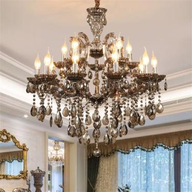 Imagem de Lustre europeu de luxo em cristal preto, cinza fumê, para sala de estar, restaurante, quarto, villa, hotel, restaurante ocidental, loja de roupas, salão de beleza, karaokê. Luminária pendent