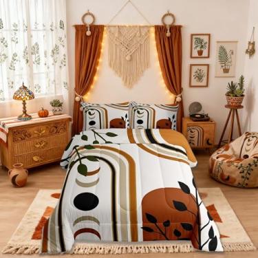 Imagem de Conjunto de edredom infantil boêmio, tamanho solteiro, sol, lua, planta, geométrico, decoração de quarto de meninos e meninas, arte abstrata, boêmio, edredom boêmio, bege, laranja, 1 fronha