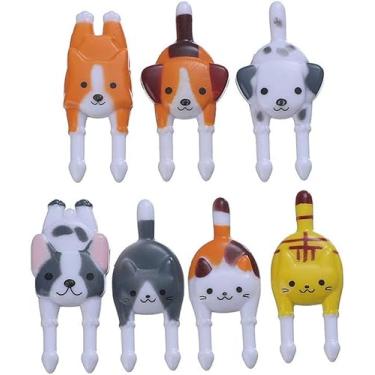 Imagem de 7 palhetas de plástico reutilizáveis para garfo de frutas para crianças, animais fofos, garfos de sobremesa, mini palito de cachorro de desenho animado para festas, utensílios de bar e utensílios para