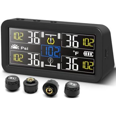 Imagem de Flydew Sistema de monitoramento de pressão de pneu - TPMS - com visor LCD de 10 cm - monitor de pressão de pneu de 5 modos para RV/Trailer/caminhão/SUV/MPV/Sedan, kit TPMS de carregador duplo solar e