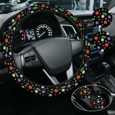Imagem de Capa de volante fofa de flores coloridas para mulheres e homens, antiderrapante de neoprene de alta elasticidade, acessórios de carro, capas de volante, universal de 38 cm para carros, SUVS, inclui 2