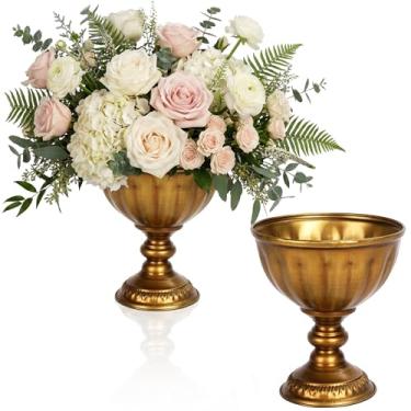 Imagem de Vasos de flores dourados envelhecidos para centros de mesa, tigela de flores vintage com pedestal de metal, vaso de ouro rústico para decoração de mesa de casamento, arranjos florais, decoração de
