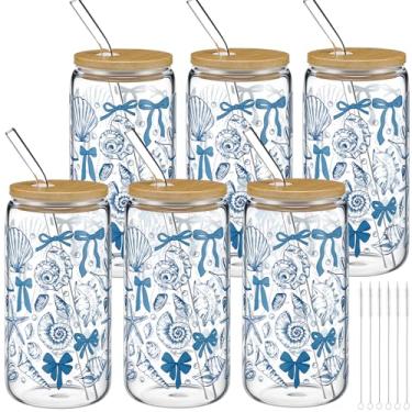 Imagem de Skylety Conjunto de 6 copos de vidro de vaca Highland com canudos e tampas 473 ml em forma de lata copos de café gelado para presente de Natal, colega de trabalho, agricultor, 7 pincéis (azul, oceano)