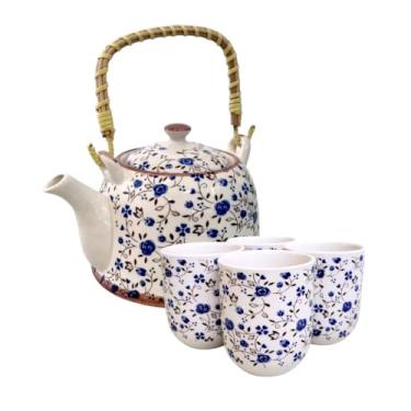 Imagem de Bule de Chá em Porcelana com Infusor e Alça de Madeira + 4 Copos 150ml – Jogo de Chá Floral Decorativo(Rosas Azul)
