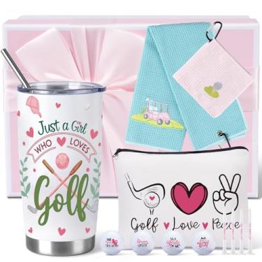 Imagem de Frerdui Presente de golfe engraçado para mulheres, kit de acessórios de golfe de 12 peças com copo de golfe de 590 ml, toalha, 4 bolas de golfe projetadas e 4 camisetas, conjunto perfeito de presentes