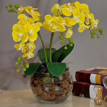 Imagem de Arranjo de Orquídea Artificial em Silicone 3D com Vaso de Vidro – Flor Artificial Decorativa para Sala e Escritório (Amarelo)