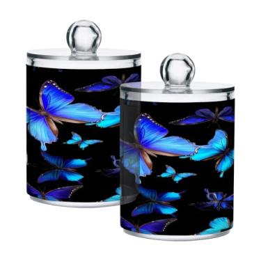 Imagem de Qilmy Blue Butterflies Pacote com 2 unidades, frascos de boticário de 400 ml, vasilha organizadora de banheiro para cotonetes, bolas de algodão, almofadas de maquiagem, fio dental, sais de banho