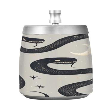 Imagem de Qilmy Cinzeiro de aço inoxidável Black Snakes Moon and Stars com tampa - Cinzeiro de cigarro à prova de vento sem cheiro sem fumaça para casa, escritório, carro, pátio, varanda (uso interno e externo)