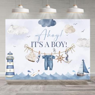 Imagem de Rsuuinu 2,1 x 1,5 m Ahoy It's A Boy Pano de fundo para chá de bebê, roupas náuticas, azul marinho, âncora, fotografia, fundo para crianças, meninos, decoração de festa para chá de bebê, faixa de mesa