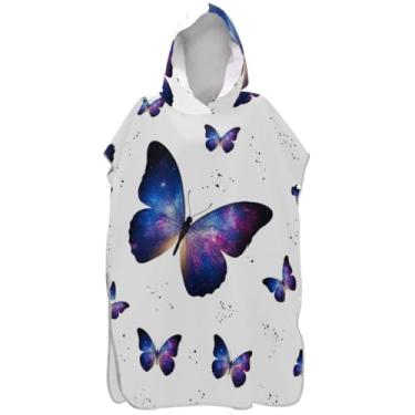 Imagem de Joisal Poncho de surfe para adultos trocador de roupão de praia com capuz toalha de natação secagem rápida borboletas galáxia roxo branco unissex adulto poncho com capuz