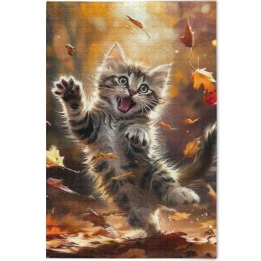 Imagem de Quebra-cabeça de folhas de outono gatinho gato 1000 peças para adultos presentes elefantes brancos arte quebra-cabeça duro animal impressão arte, 75 x 50 cm