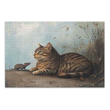 Imagem de Quebra-cabeças vintage gato malhado marrom, quebra-cabeças 500 peças para adultos, com letras nas costas, quebra-cabeças divertidos para adultos