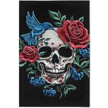 Imagem de Quebra-cabeça personalizado crânio rosas flor preto adulto 500 peças decoração de arte pintura família Prime quebra-cabeças presentes para amantes de quebra-cabeça, 52 cm x 37,8 cm
