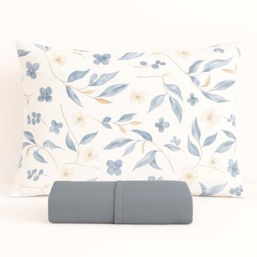 Imagem de Kit Jogo de Lençol Micropercal 400 Fios Fronha Estampada Floral Azul(Cinza,Queen)