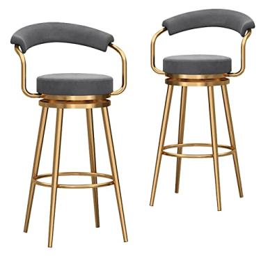 Imagem de Bancos de bar giratórios modernos conjunto de 2 banquetas de veludo com altura de balcão com encosto e braços cadeiras de bar com base de metal para ilha de cozinha/bar doméstico/sala de jantar, cinza