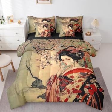Imagem de Erosebridal Conjunto de edredom japonês de 7 peças, cama queen em uma bolsa, gueixa japonesa para meninas, adolescentes, conjunto de cama floral retrô de flor de cerejeira, edredom vintage, quimono de