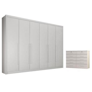Imagem de Guarda Roupa Casal Bragança 6 Portas 6 Gavetas MDF Neve + Gaveteiro Milão 8 Gavetas Neve Móveis Novo Horizonte