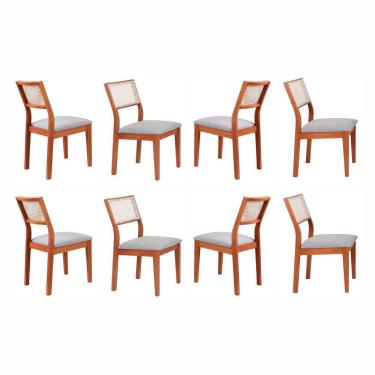 Imagem de Kit 8 Cadeiras Madeira Maciça com Estofado e Fibra Natural Rattan Maya Espresso Móveis Cinamomo/Cinza