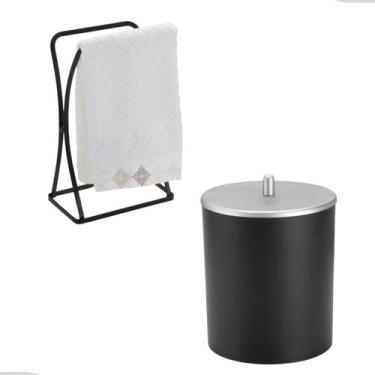 Imagem de Kit Acessorios Lavabo Lixeira Porta Toalha De Rosto Luxo Banheiro Pret
