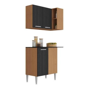 Imagem de Kit Armário De Cozinha Aéreo Canto Com Balcão 90cm 3 Portas Pequim Multimóveis Mp2381 Madeirado/preto
