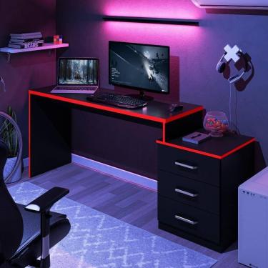 Imagem de Mesa Gamer Retangular Valência 3 Gavetas MDP 178cm Preto Trama Vermelho Valencia