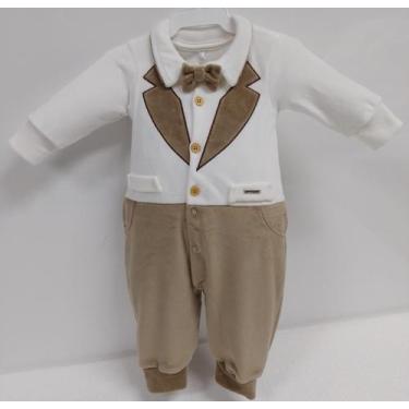 Imagem de Macacão Longo Plush Luxo Bebê Menino Gravata LessaKids B9074, Bege, M 