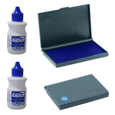 Imagem de Kit Almofada Carimbo N03 Plástica Azul + Tintas Escritório - Carbrink