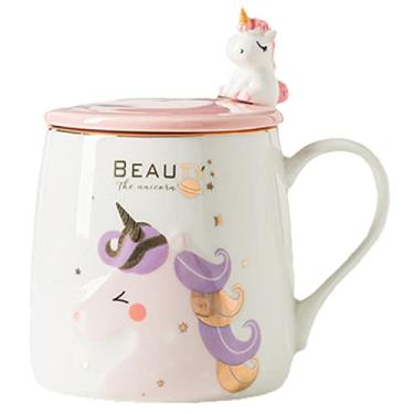 Imagem de seelucky Caneca de unicórnio com tampa de colher caneca Mlik de desenho animado infantil estilo nórdico xícara de café xícara de chá presente escritório casa (terra roxa unicórnio, 380 ml)