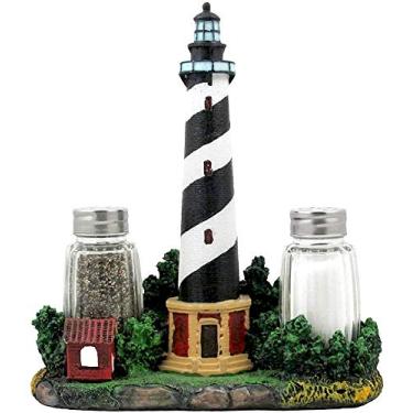 Imagem de Conjunto de estatueta de coqueteleira e sal de vidro para farol da Nautical Cape Hatteras com suporte em esculturas decorativas de cozinha e presentes colecionáveis